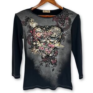VTG Y2K Tattoo Art Shirt‎ S Black Heart Birds Butterfly Studded Double Sided USA